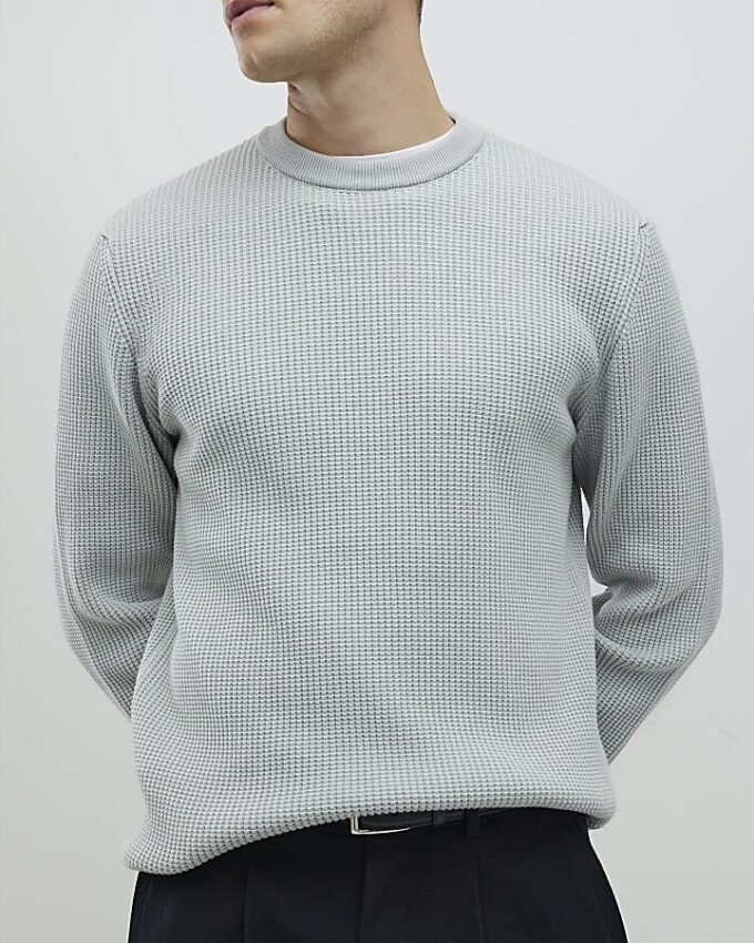 Grey Slim Fit Waffle Knit Jumper