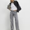 Grey Split Hem Straight Leg Jeans