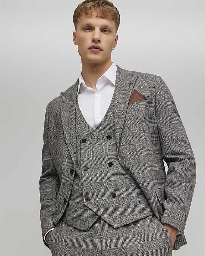 Grey Textured Check Waistcoat