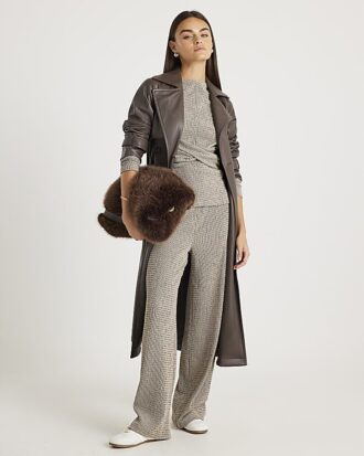 Grey Textured Wide Leg Trousers