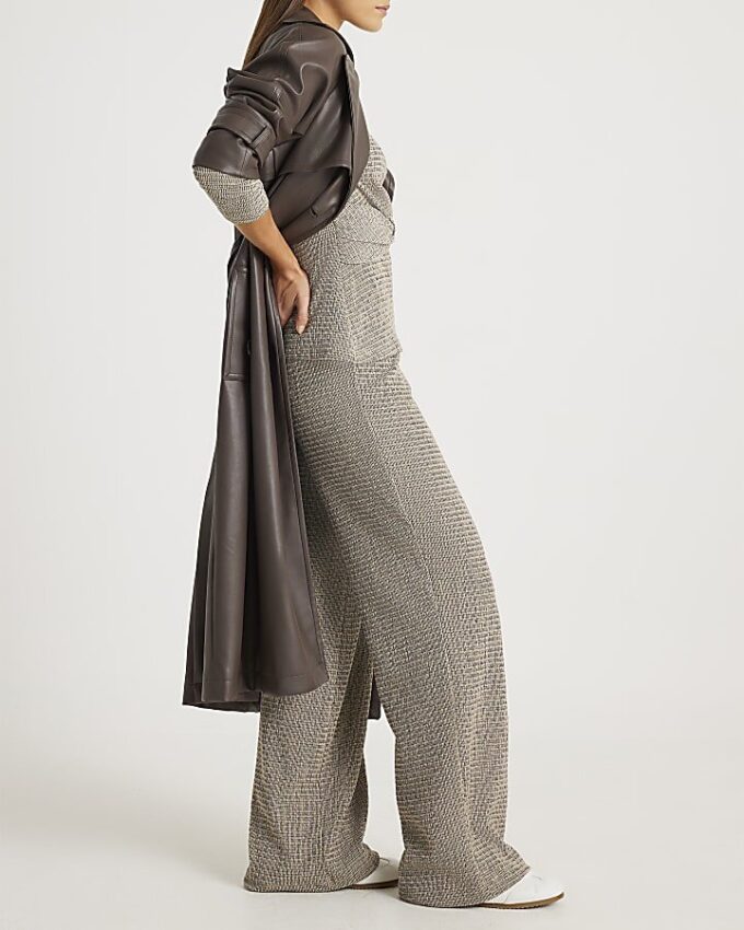 Grey Textured Wide Leg Trousers