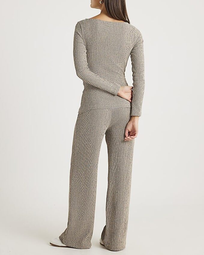 Grey Textured Wide Leg Trousers