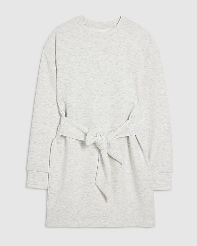 Grey Tie Front Mini Sweatshirt Dress