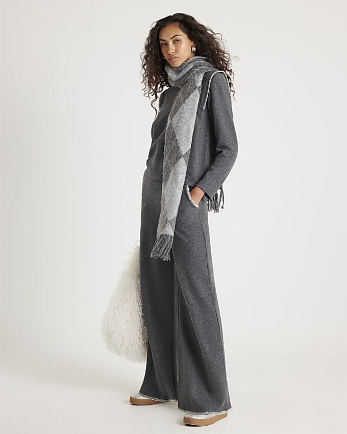 Grey Whipstitch Wide Leg Joggers