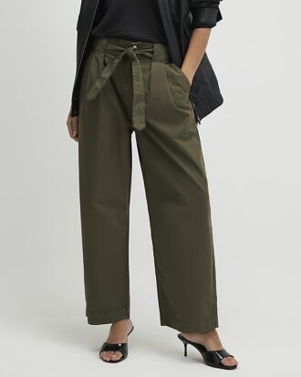 Khaki Belted Wide Leg Trousers
