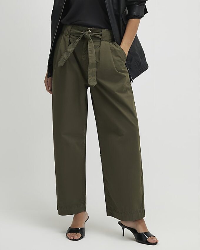 Khaki Belted Wide Leg Trousers