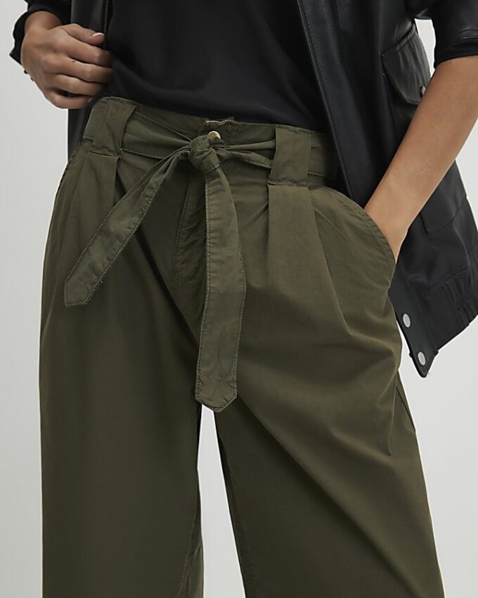 Khaki Belted Wide Leg Trousers