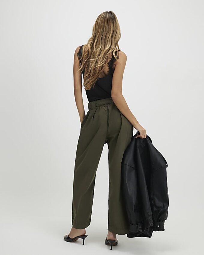 Khaki Belted Wide Leg Trousers