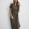 Khaki Faux Leather Midi Shirt Dress