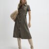 Khaki Faux Leather Midi Shirt Dress