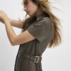 Khaki Faux Leather Midi Shirt Dress