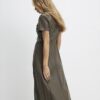 Khaki Faux Leather Midi Shirt Dress
