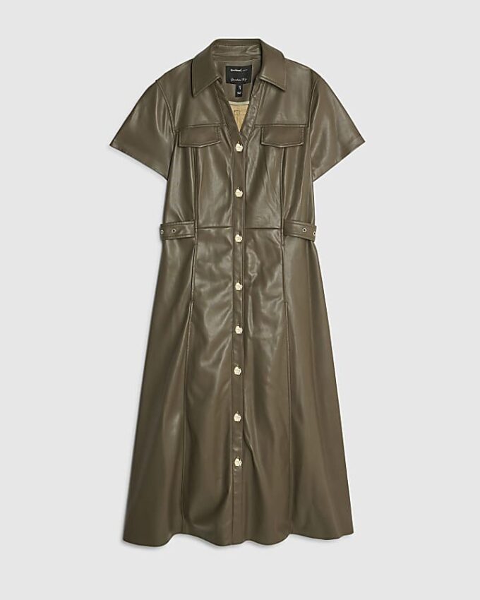 Khaki Faux Leather Midi Shirt Dress