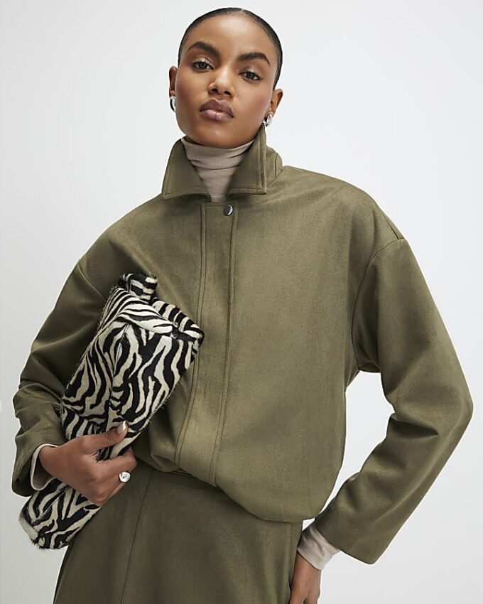 Khaki Faux Suede Bomber Jacket