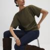 Khaki Faux Suede Short Sleeve Ruched Side Top