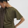 Khaki Faux Suede Short Sleeve Ruched Side Top