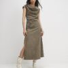 Khaki Hammered Effect Cowl Neck Midi Dress