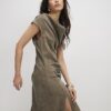 Khaki Hammered Effect Cowl Neck Midi Dress