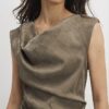 Khaki Hammered Effect Cowl Neck Midi Dress
