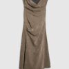 Khaki Hammered Effect Cowl Neck Midi Dress
