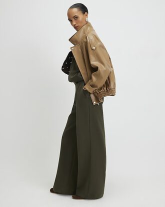 Khaki Jersey Tailored Wide Leg Trousers