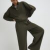 Khaki Jersey Tailored Wide Leg Trousers