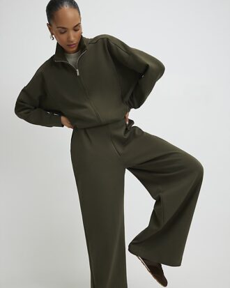 Khaki Jersey Tailored Wide Leg Trousers