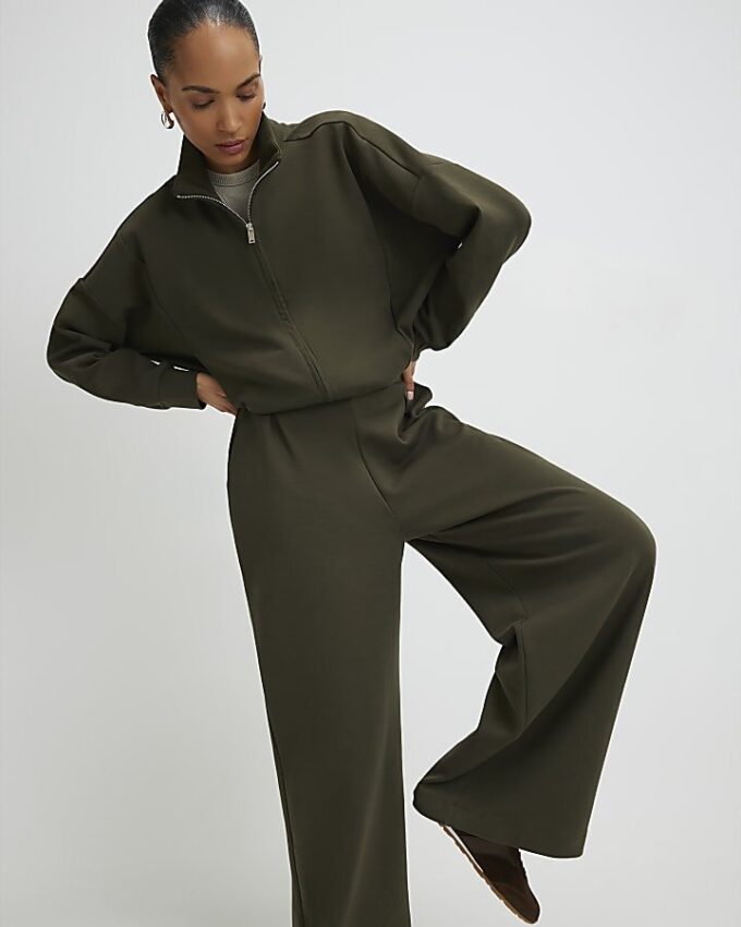 Khaki Jersey Tailored Wide Leg Trousers