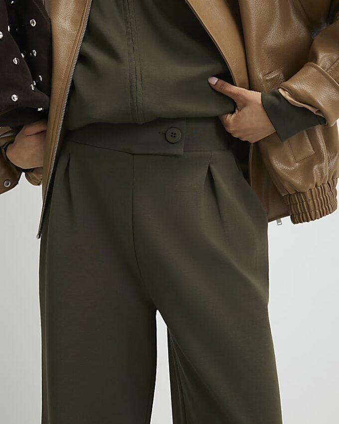 Khaki Jersey Tailored Wide Leg Trousers