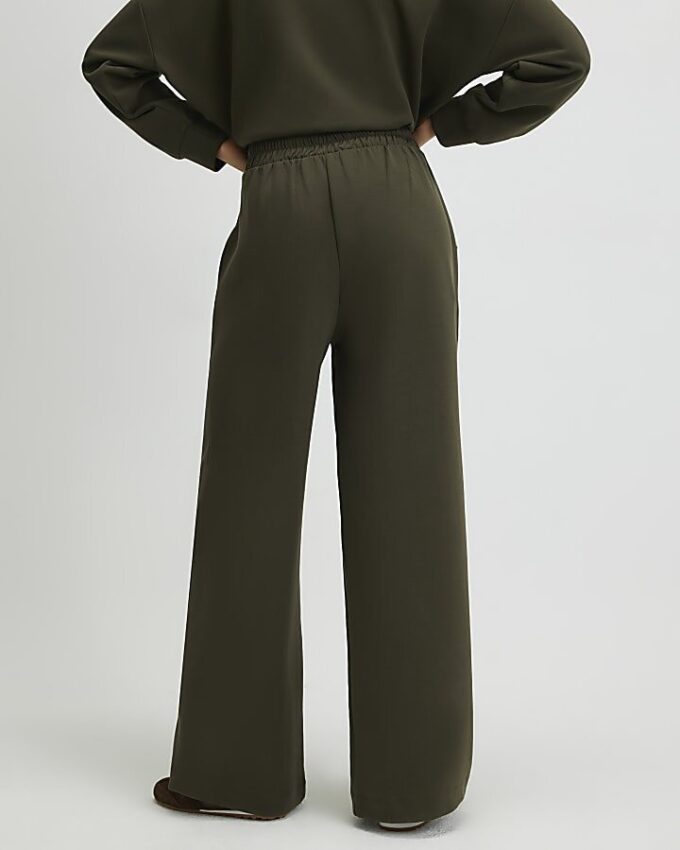 Khaki Jersey Tailored Wide Leg Trousers