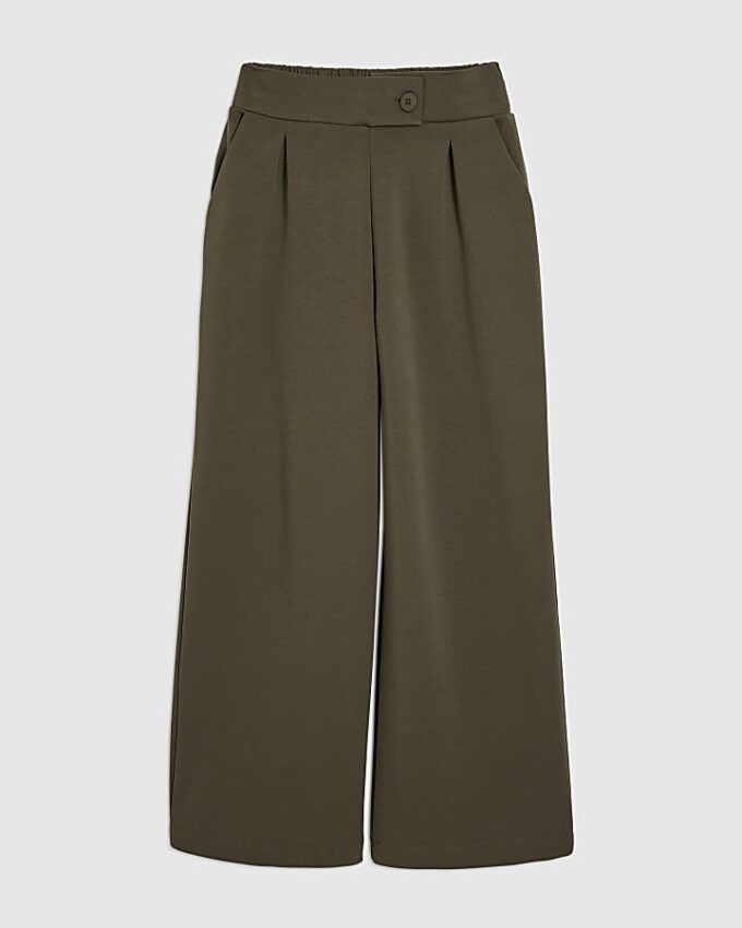 Khaki Jersey Tailored Wide Leg Trousers