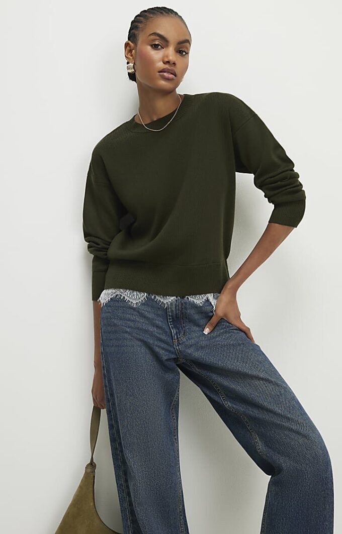Khaki Lace Hem Jumper