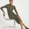 Khaki Long Sleeve Cosy Twist Front Midi Dress