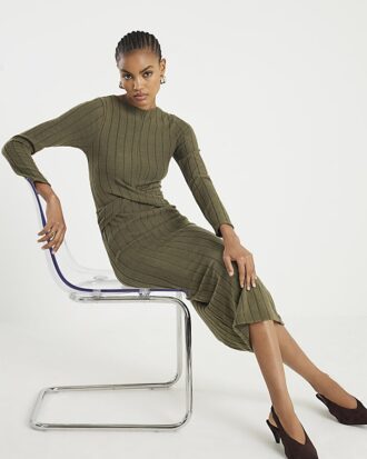 Khaki Long Sleeve Cosy Twist Front Midi Dress