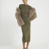 Khaki Long Sleeve Cosy Twist Front Midi Dress