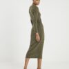 Khaki Long Sleeve Cosy Twist Front Midi Dress