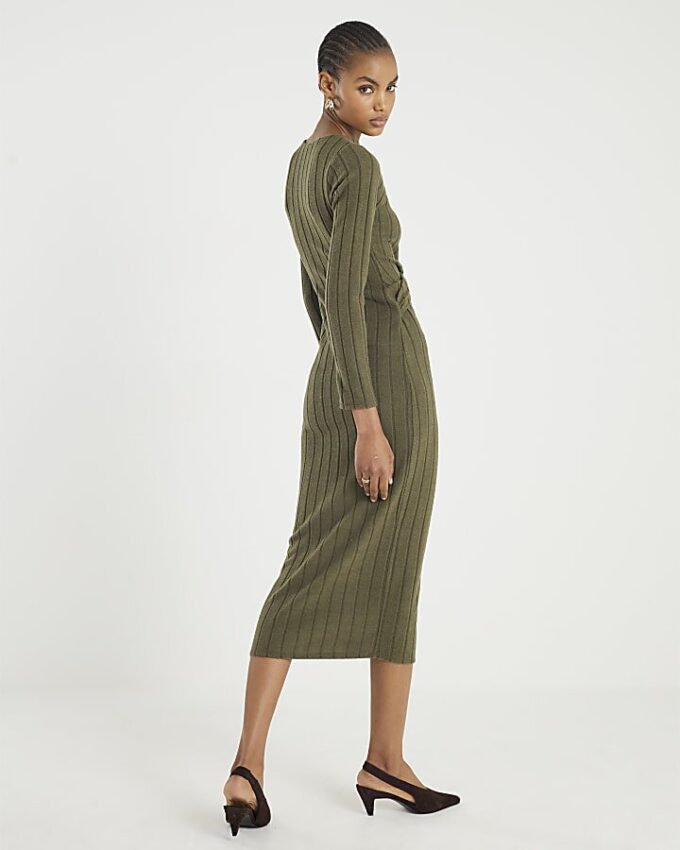 Khaki Long Sleeve Cosy Twist Front Midi Dress