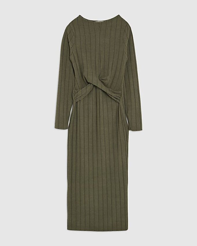 Khaki Long Sleeve Cosy Twist Front Midi Dress