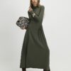 Khaki Long Sleeve Gathered Waist Maxi Dress