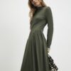 Khaki Long Sleeve Gathered Waist Maxi Dress