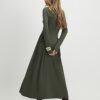 Khaki Long Sleeve Gathered Waist Maxi Dress