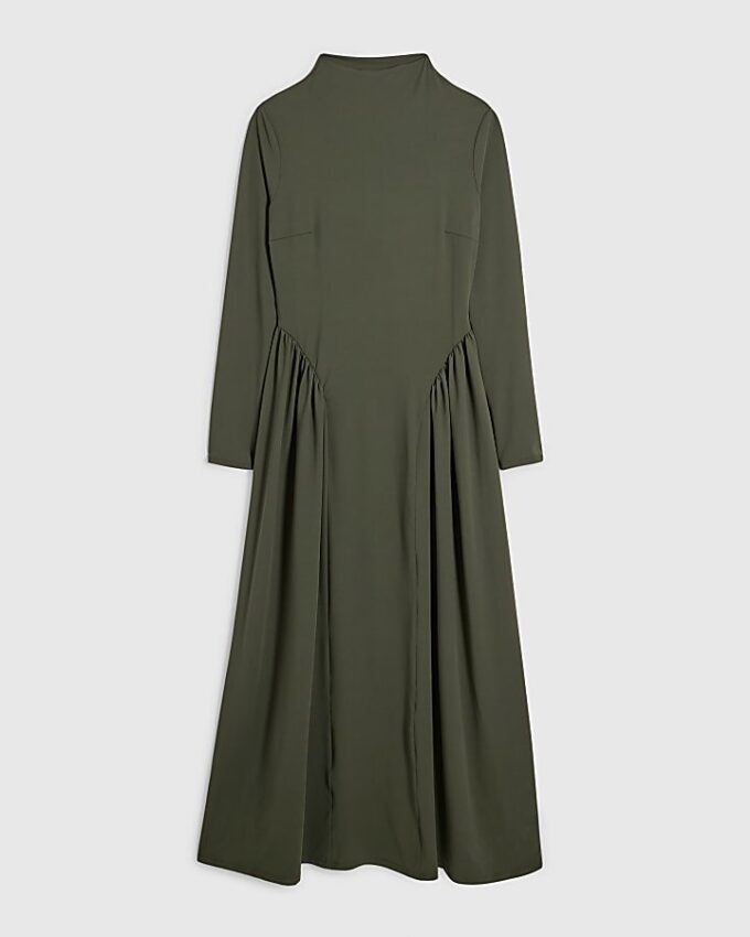 Khaki Long Sleeve Gathered Waist Maxi Dress