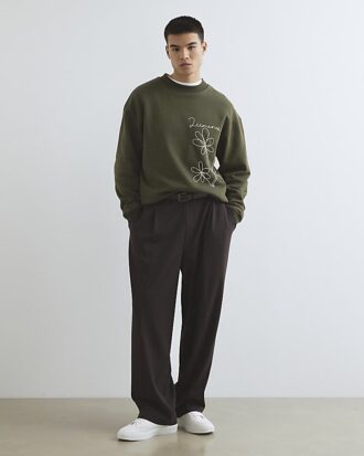 Khaki Oversized Fit Green Flower Sweatshirt