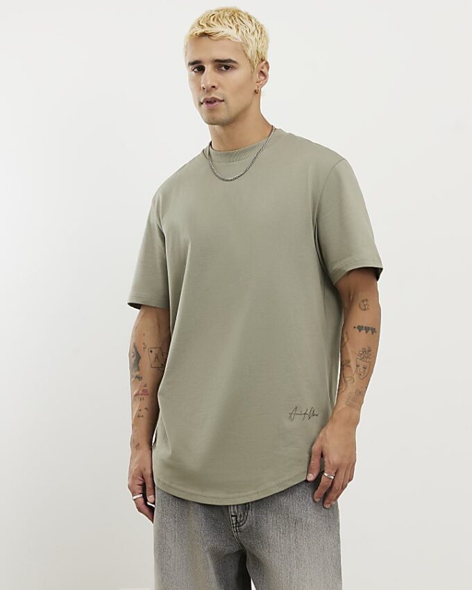 Khaki Regular Fit Curve Hem T-Shirt