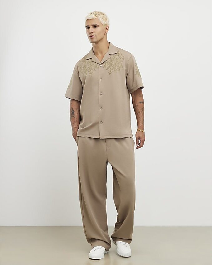 Khaki Regular Fit Paisley Embroidery Shirt