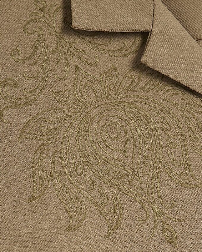Khaki Regular Fit Paisley Embroidery Shirt