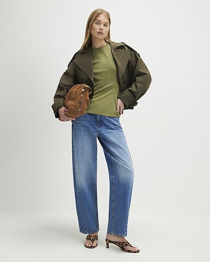 Khaki Rib Hem Cropped Trench Jacket