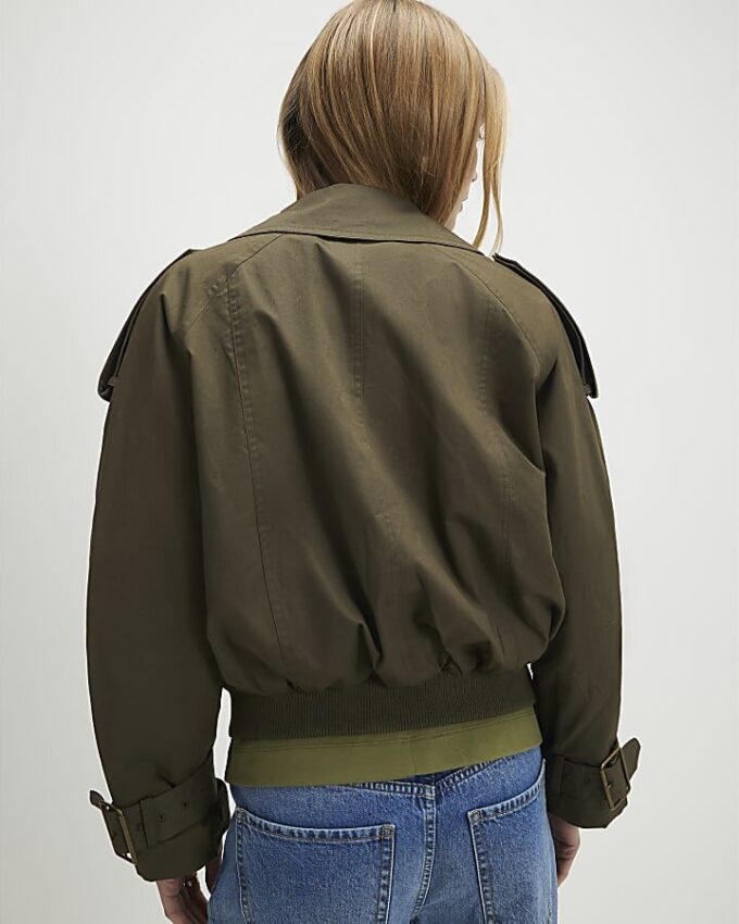 Khaki Rib Hem Cropped Trench Jacket