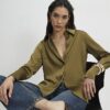 Khaki Satin Long Sleeve Slim Fit Shirt