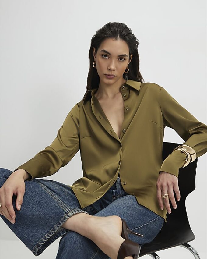 Khaki Satin Long Sleeve Slim Fit Shirt